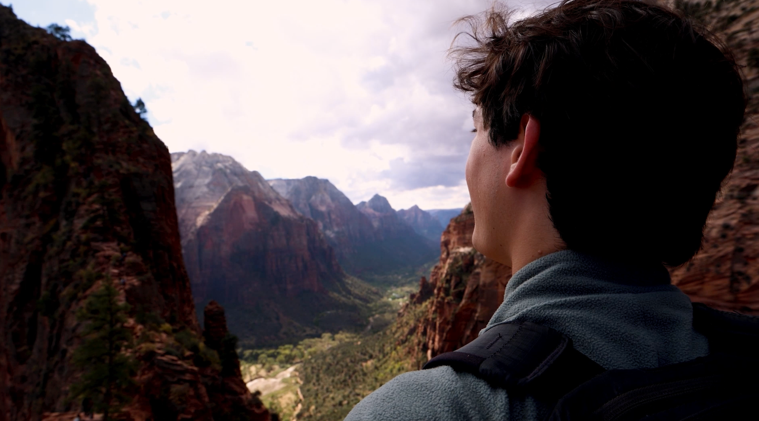 Traveler looking over a mountain landscape